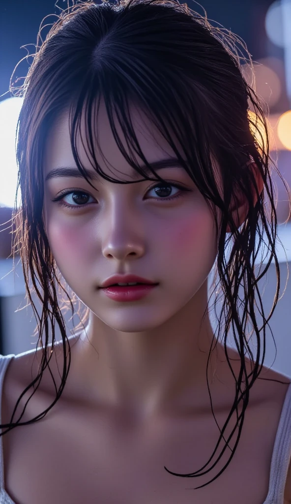 masutepiece, (Best Quality:1.4), Realistic, Dramatic lighting,Professional Writing,strong shadows,Highly detailed unified 16k wallpapers, Photorealistic ray-traced depth of field,Wet roads ,Orange filter、drenched, Dripping, Wet Face,Wet clothes, Wet Skin, Wet Hair,A young woman with a cute face like a Japanese idol,(Cleavage),((Cinema Lighting),(Natural light),(High level of artistry),(artistic),(Indistinguishable quality from the real thing),RAW Photos,Genuine,Genuine,High resolution,RAW Photos,masterpiece, beautiful