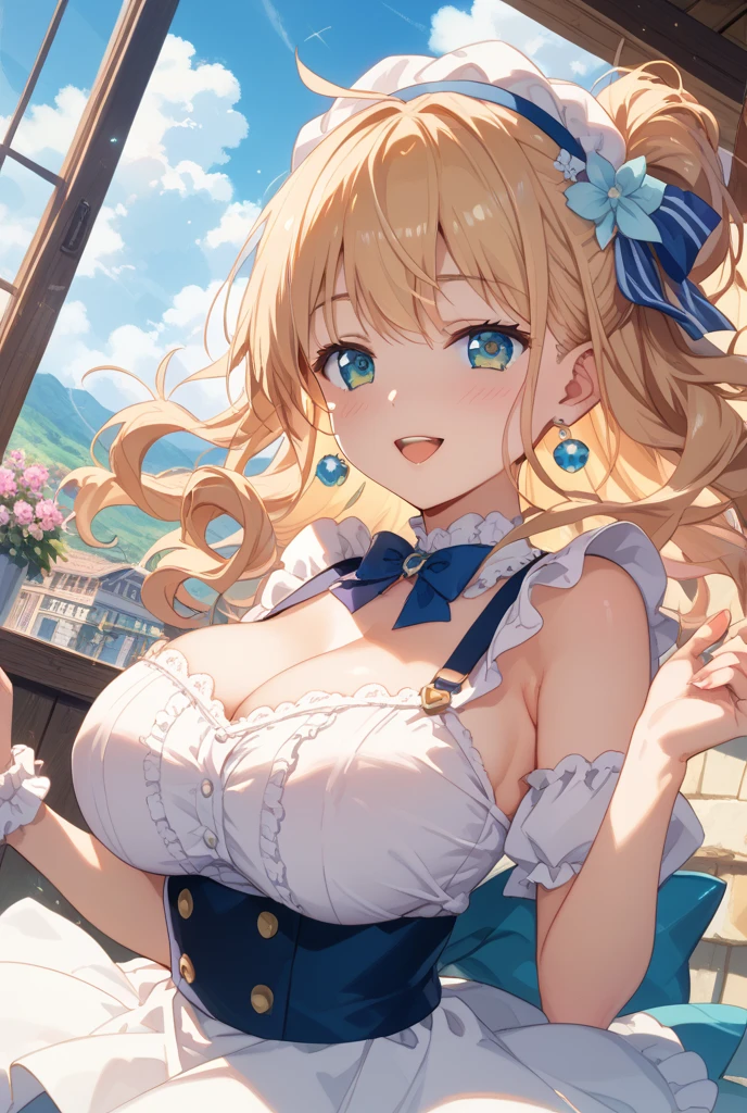 #Basics Girl posing for a photo, animeのcute少女, ((One Girl)), ((Baby Face:1.5)), ((cute:1.5)), (()),
break
#Clothing Accessories
(Light blue lace and frill dress : Long sleeve + Long skirt) + (White Pantyhose) + (White high heels) + (White headband) + (Red flower hair ornament),
((Blue gemstone earrings, Silver Necklace)),
break
#Features
((Blonde:1.2)), ((Long side bangs)), ((Short Hair) : Long Hair + Voluminous Hair + Curly Hair + Curly hair),
((Big eyes:1.4)), ((blue eyes)),
(Small breasts),
(White skin),
break
#background environment
((noon, A large lawn dazzling with sunlight, blue sky)),
#Facial Expression Pose
((smile)), ((Stand strong with your arms outstretched)),
#composition
((Angle from the front)), ((Cowboy Shot)),
break
#Body parts elements
(Slim figure),
(Symmetrical facial features),
(Detailed Hair, Beautiful Hair, Shiny Hair),
(double eyelid, Long eyelashes, Thin eyebrows:0.5),
(Detailed eyes), (Beautiful Eyes), (Sparkling eyes), Glitter Eyeliner,
(Human Ear),
(Beautiful Nose, Thin Nose),
(Glossy Lips, Beautiful Lips, Thick lips),
(Detailed skin, Textured skin, Beautiful Skin, Oily skin),
break
#quality
(((最高quality)), ((masterpiece:1.3)), ((Very detailed))), ((Ultra-high resolution)), ((16K)), ((1080P)), ((Full HD)),
((Anatomically correct)), ((Realistic)), (3DCG), ((oil)),
((comics, anime)), (CG illustration), (RAW Photos),