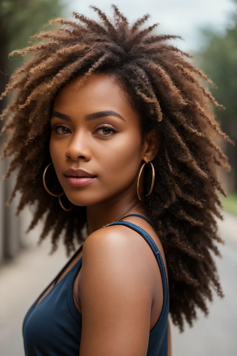 1 , dark skin color, curly hair, Women&#39;Gym clothes, photo in front of the gym mirror