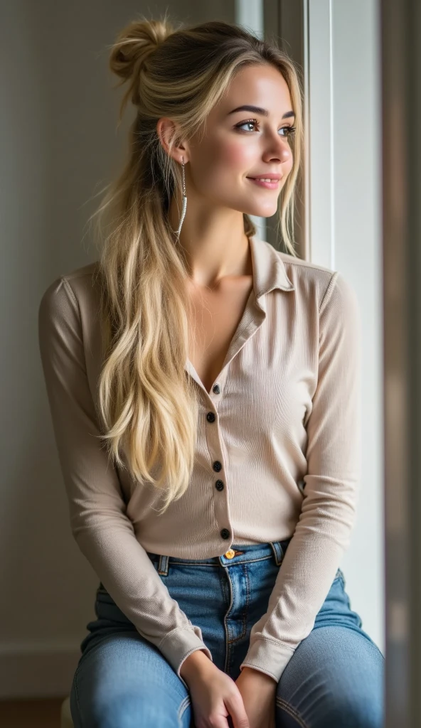 photorealistic, best quality, hyper detailed, natural amateur photo, beautiful slim young woman, natural subtle makeup, natural very light blond hair, upper body, wearing a soft pink silk button blouse and blue denim jeans, fully dressed, sweet closed lipped smile, sitting, indoors, daytime, at a cafe (focused), perky 30G breasts visible under clothing, skin texture , ultra high res, best shadow, RAW, instagram LUT