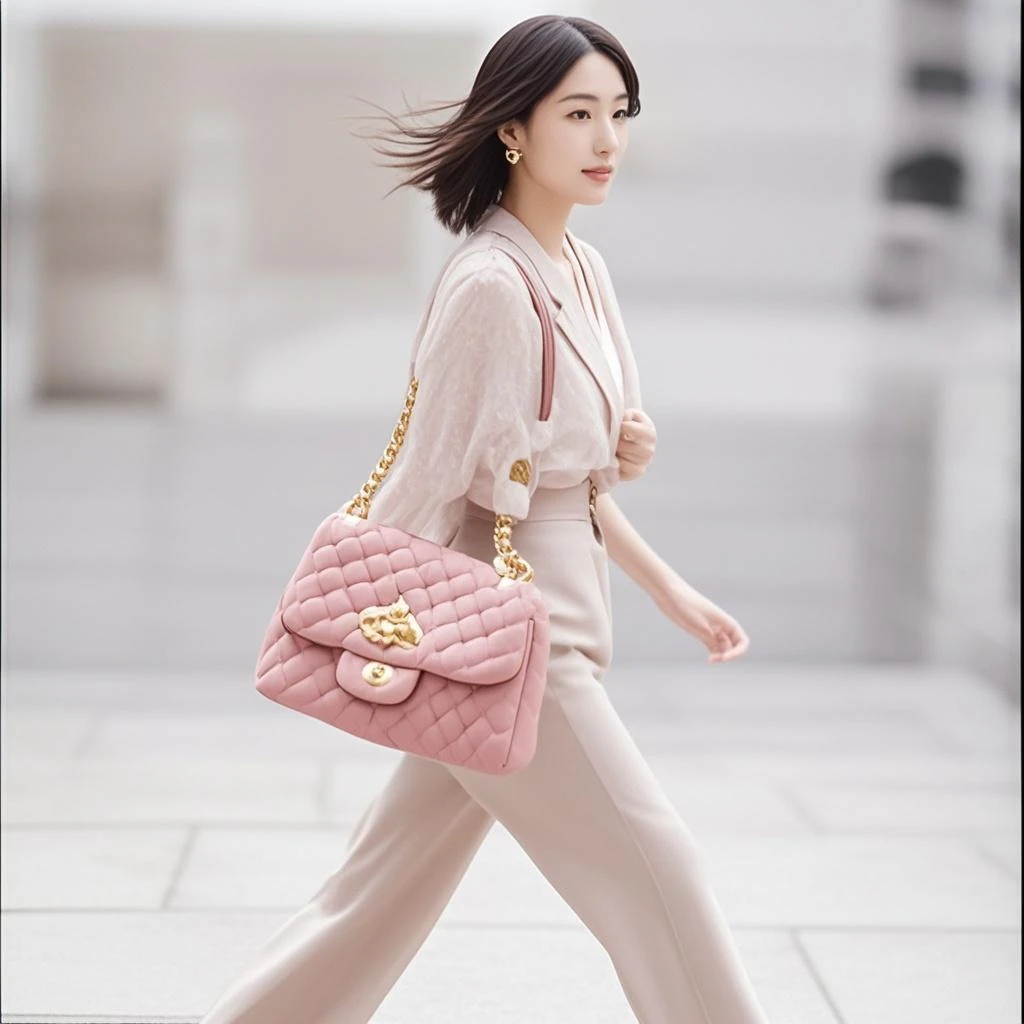 The fashion model is holding a trendy Korean brand bag and looks like Yang Mi. She is wearing pink high heels.