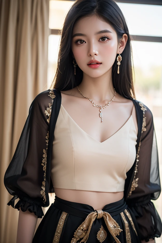 （Hyperrealistic,）4K,35mm，hyper-high detail, Professional lighting, Best quality, 超高分辨率, Visually stunning, (1girll:1.1), （Hmong clothing ）,realskin,（Perfect body 1.3）Ultra-delicate face，Crop topping