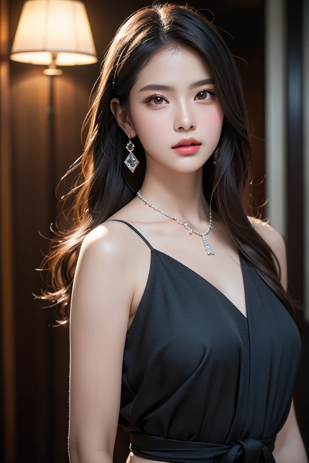 beautiful russian woman in her 20s, 8K, perfect physique, perfect proportions, detailed face, high quality, photorealistic, stunning eyes, long eyelashes, attractive facial features, flawless skin, light brown hair, tight waist, stylish clothes, necklace, active posing, rough long hairstyle, vivid colors, masterpiece, best quality,Black Dress,Shoulder,society、dance、noble、Gorgeous costumes