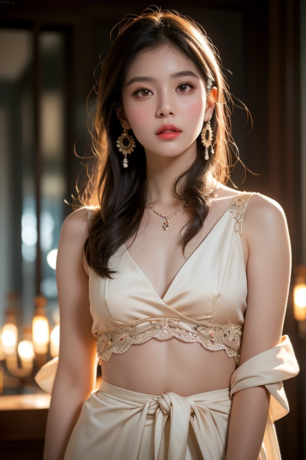 (((best quality))),(((ultra detailed))),(((masterpiece))),illustration, a stunning young girl amidst a sea of yellow roses,strapless yellow rose petal bra,slim,thin, fair skin,shoulder length straight chestnut hair,earrings,necklace,intricate patterns, embellishments, ethereal charm, sparkling eyes, gentle smile,flat chest,small breasts, innocence and grace, yellow roses background, full bloom, fragrance of roses, enchanting presence, delicate fingers, admiration, beauty and nature blend, striking appearance, vibrant yellow color, harmonious equilibrium,lasting impression,standing,((close-up of face,from front)),night scene,