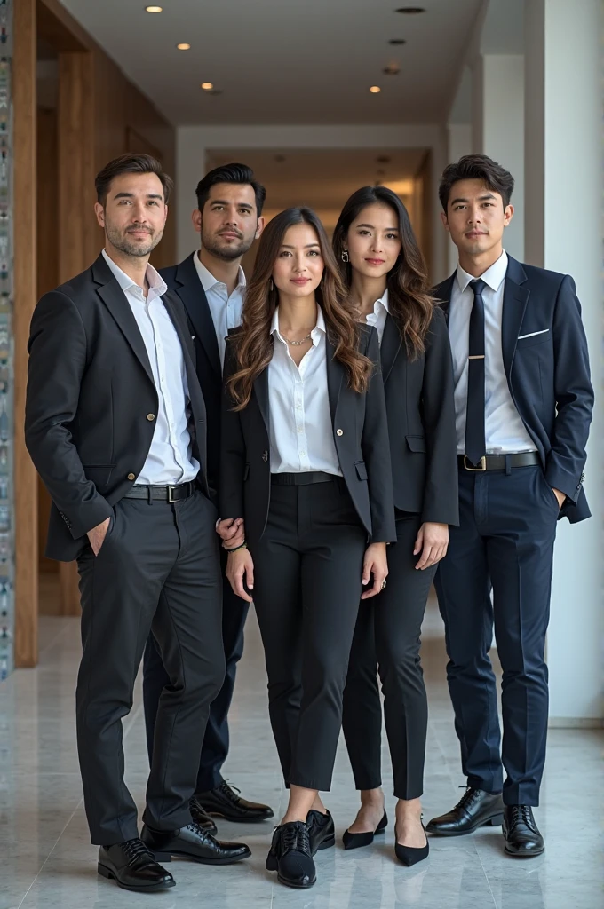 Make a family portrait wearing suits and ties, one mother and three sons..
50 year old mother wearing hijab 3 boy with neat hair and white skin 30 year old boy with neat hair and white skin fat body 2 boy with neat hair and white skin 