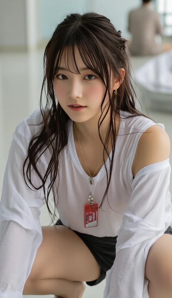 Kidnapped Woman、His hands are tied、((Place your hands behind your back))、((Place your hands together and cross them behind your back))、(((Her wrists are tied with rope)))、shibari、beauty、20age、university student、(anatomicaly, Has two arms and two hands)、In a lighted room、Stand by the window、Outside the window is the night sky、There are many stars、Wearing a short-sleeved blouse、Wear a high school student-style miniskirt、Uniform eyes、Proportioned proportions、Small breasts、Small face、(I can see from head to heel), Black Hair, bangs, swept bangs, Straight hair, Nervous, Messy Hair, Floating hair, Cinema Lighting, tachi-e, First-person view, throw, From behind, F/1.2, Nikon, Cowboy Shot, Surrealism, 超High resolution, Highest quality, High resolution, 8k, Textured skin, anatomicaly正しい体,