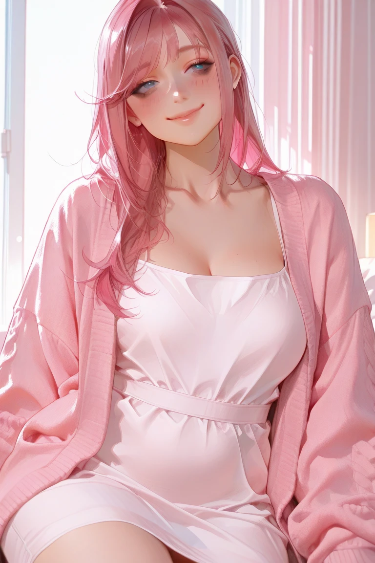 15 year old Japanese girl,broad chest,Long pink and purple hair,Light purple miniskirt,whitesweater, Shy face,White suspender stockings,Purple lace panties are exposed,Whitening skin