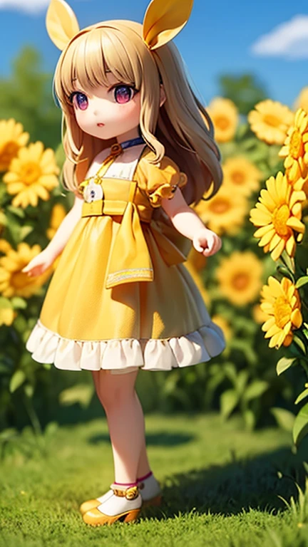 Onegirl，Wearing a white and yellow skirt，Sunflowers around，Wearing a hair card