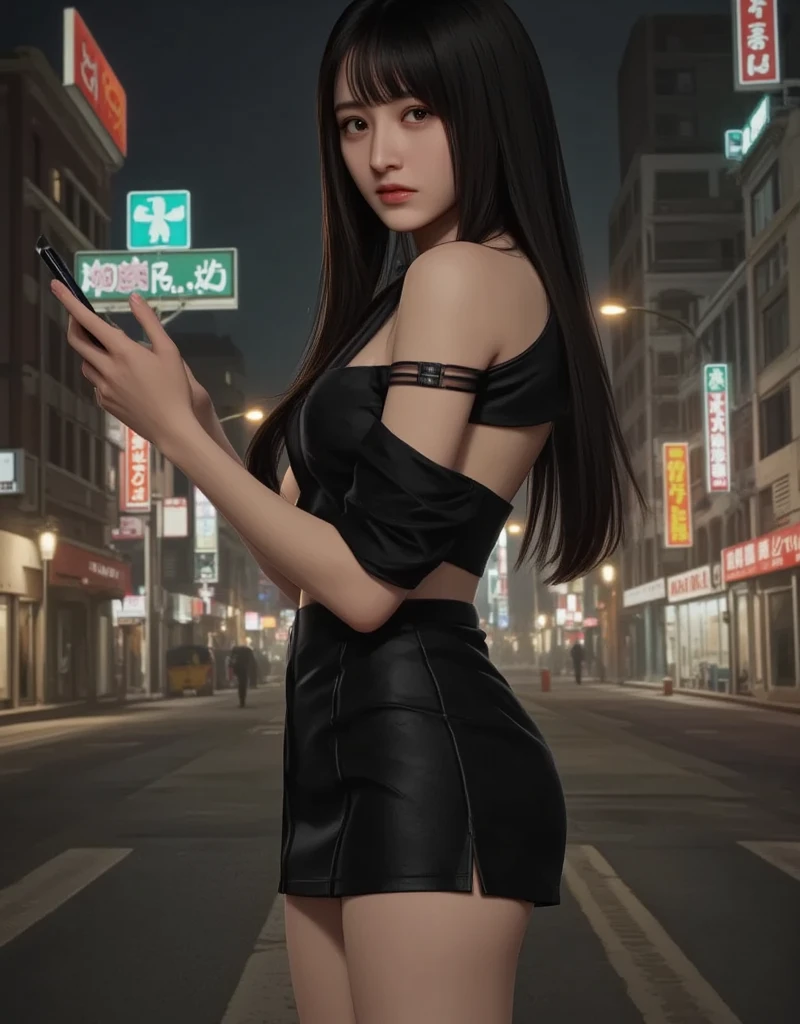 Masterpiece of one teenage girl, Chinese origin, short cocktail dress, sleeveless, necklace, bracelet, earrings, thigh high stockings, highly detailed face, smile with parted lips, detailed eyes, smokey eyes, choker, skinny body, small breasts, flat chest, walking in a street, at night, neon lighting and shiny advertising, view from below, low angle shot