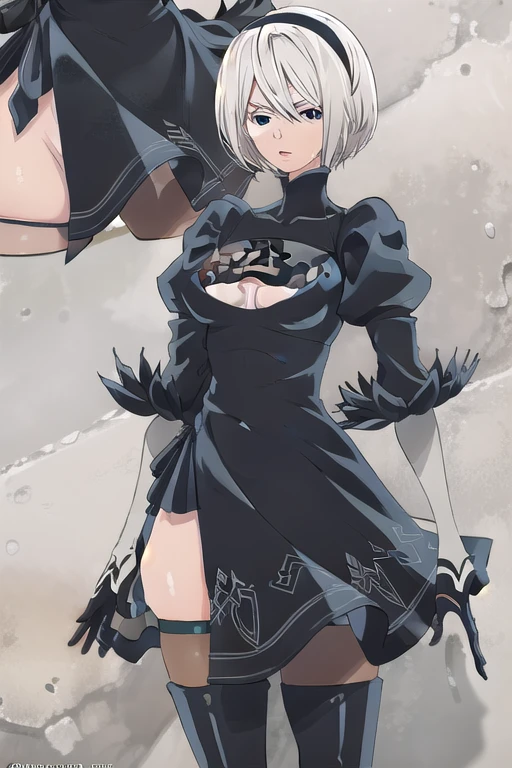 1girl, looking back, dress, yorha no. 2 type b, short white hair, blue eyes
pantylines,, masterpiece, best quality, highly detailed
