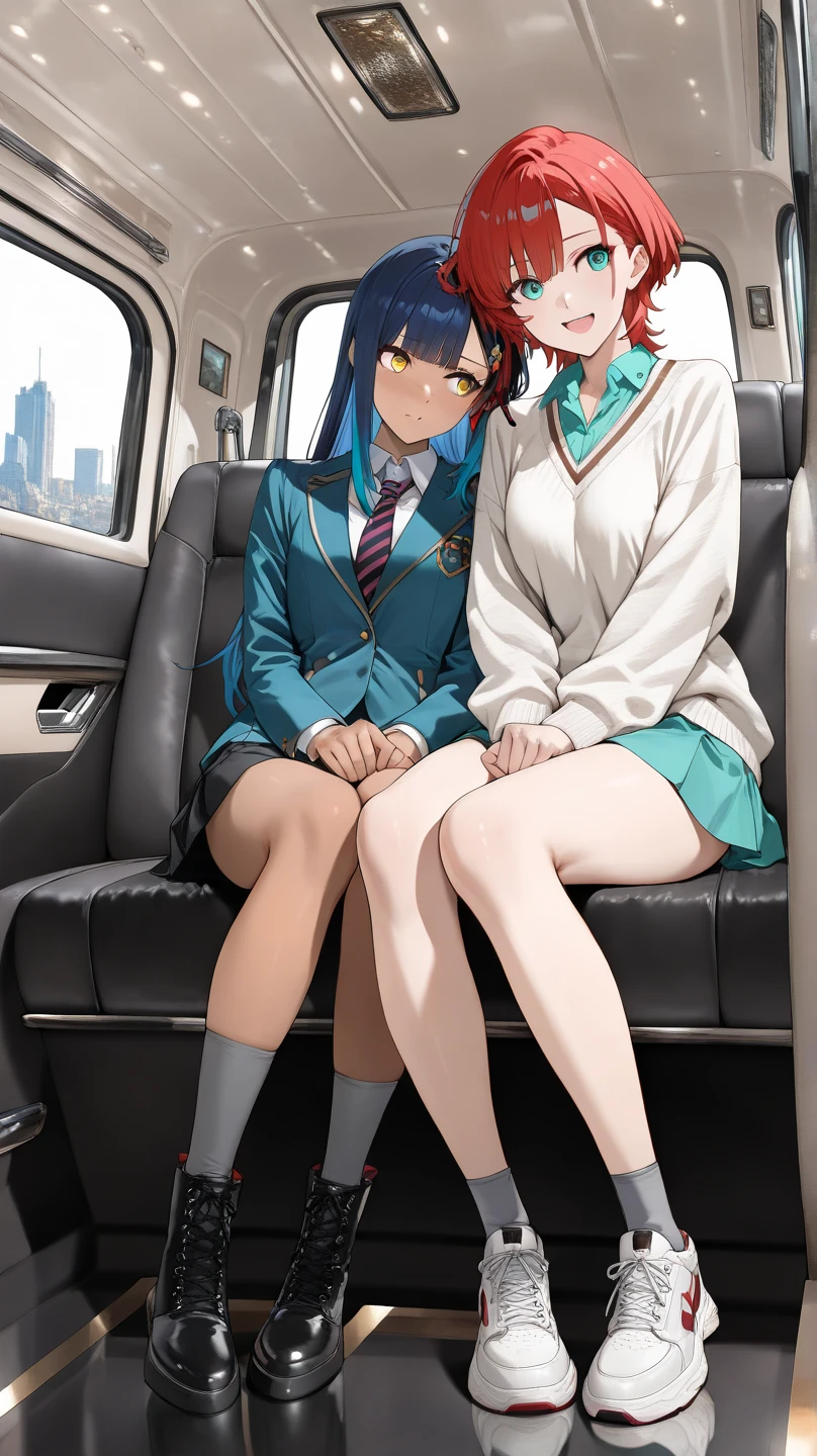 (2 girls) ,(old high quality) ,(Yukinoshita Yukino ,blue eyes), (Yuigahama Yui , brown eyes,big breasts),Inside the train ,open your mouth,,glare, troubled face,(low position),(Seen from below),school uniform,(check skirt),,(lift up the skirt),thighs,knee,(white panties),(pink panties),