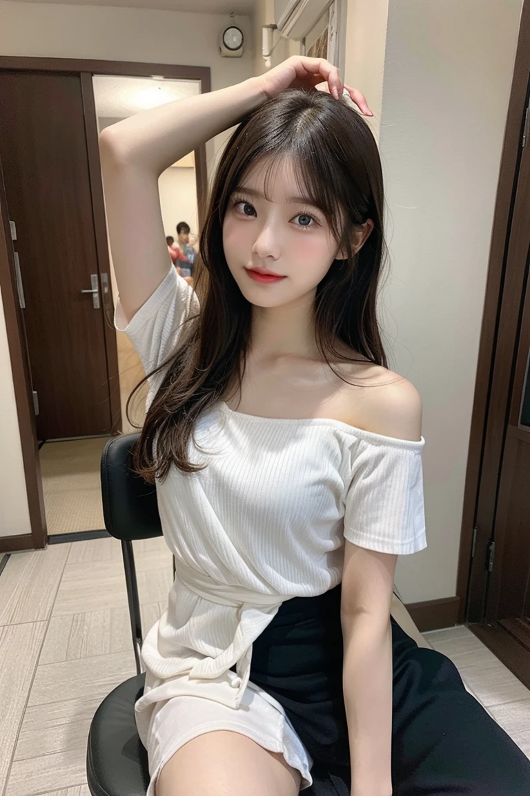 (top-quality、tmasterpiece:1.5)、(photoreali、intricately details:1.2)、超A high resolution、absurderes、
1girl in、22-year-old girl、Yandere、brunette color hair、Semi-long、bow ribbon、Facial light、blush of nose、
Off-the-shoulder T-shirt、A miniskirt 15 cm above the knee、
A smile、Small dimples、
Slim waist、delicate leg、long leges、
slender body,,,,,,,、
shiny skins、Authentic skin texture、
Natural soft light、The best lighting、细致背景、detailed shadow、foco nítido、Depth of field f / 2、
Saturated、hight contrast、Strong light and shadow