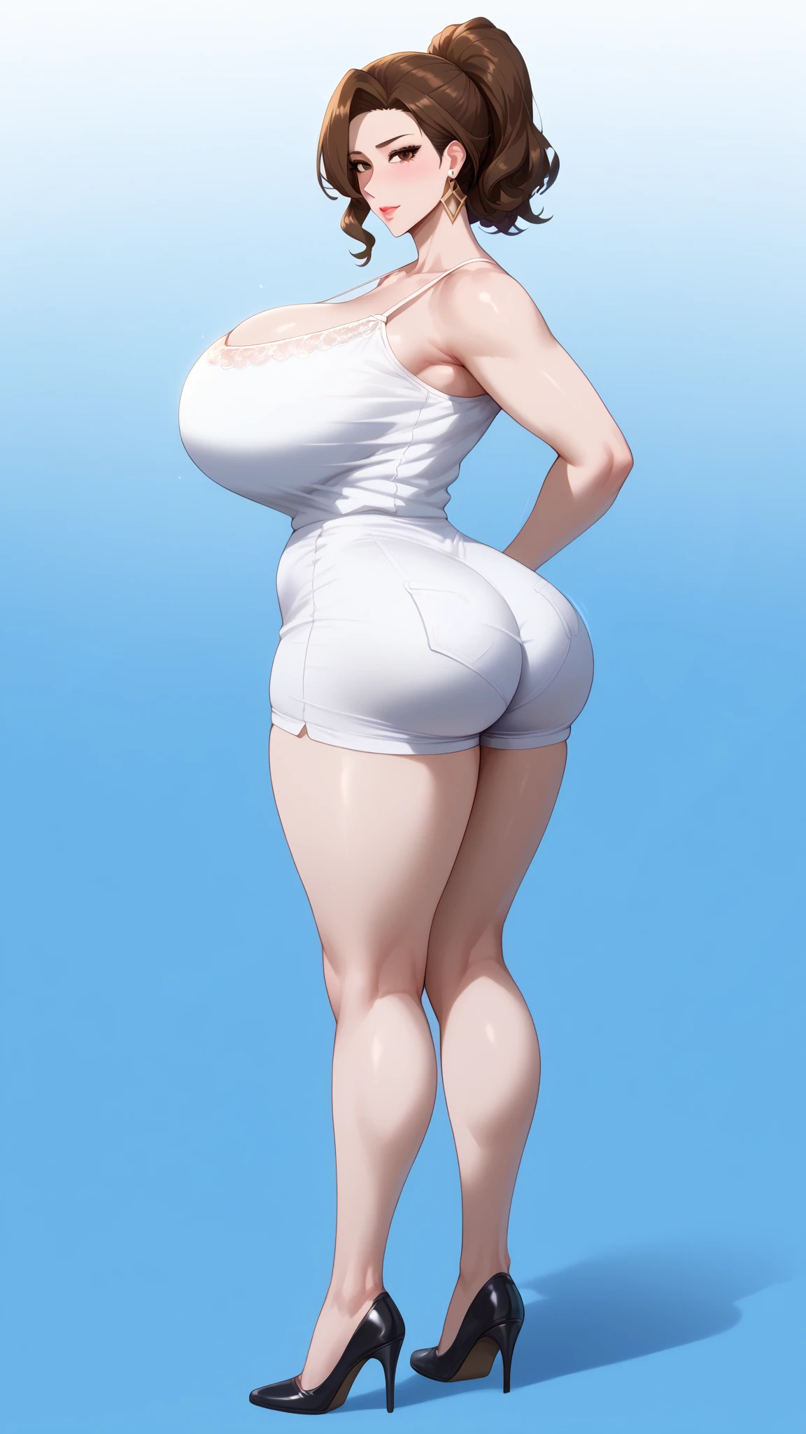 masterpiece, highest quality, High resolution, One girl, solo, sexual intercourse, Pornographic images, short hair, etsukoto, brown Eyes, fine grain, fine grain, (((Thick thighs, Plump thighs, Voluptuous thighs, Thighs alone are enough))), Huge and ample breasts, Cleavage, big long breasts, Naughty big,((big breasts are important))、((Naughty thighs)), L Cup, (thin:1.4),(Tight waist:1.4), (white swimsuit:1.4), anguish, open mouth, blush, (((Simple Background))), ((Wide Hips)), Shiny, Oily skin, Mature mother, Calf, Seductive mature woman, milf, Perfect body, Plus Size Model, curvy, ample, etsukoto, blush, clavicle, retro artstyle, 1990s (style), (thick thighs:1.4), bursting breast, arms up, from side,