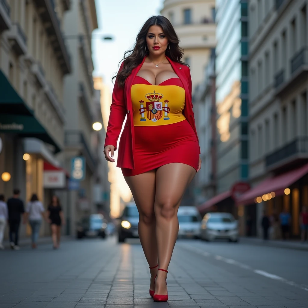 Beautiful Moroccan dark brown eyes, 28 years old, woman in a red blazer, woman in a red pants, red blazer, stylish red wide leg pants, full body view, elegant red outfit, New York City, romantic setting, almond-shaped eyes, oval face shape, plus size body, ((extra large body)), ((XXL body)), prominent cheekbones, naturally wavy hair, high resolution, masterpiece, best quality, complex details, highly detailed, sharpness, detailed skin texture, eye details, profession, 4k resolution, charming smile, shot with Conon, depth of field, kodak vision color, 100kg, extremely detailed, ultra-realistic photography ,photo realistic, post processing, maximum detail, true to life