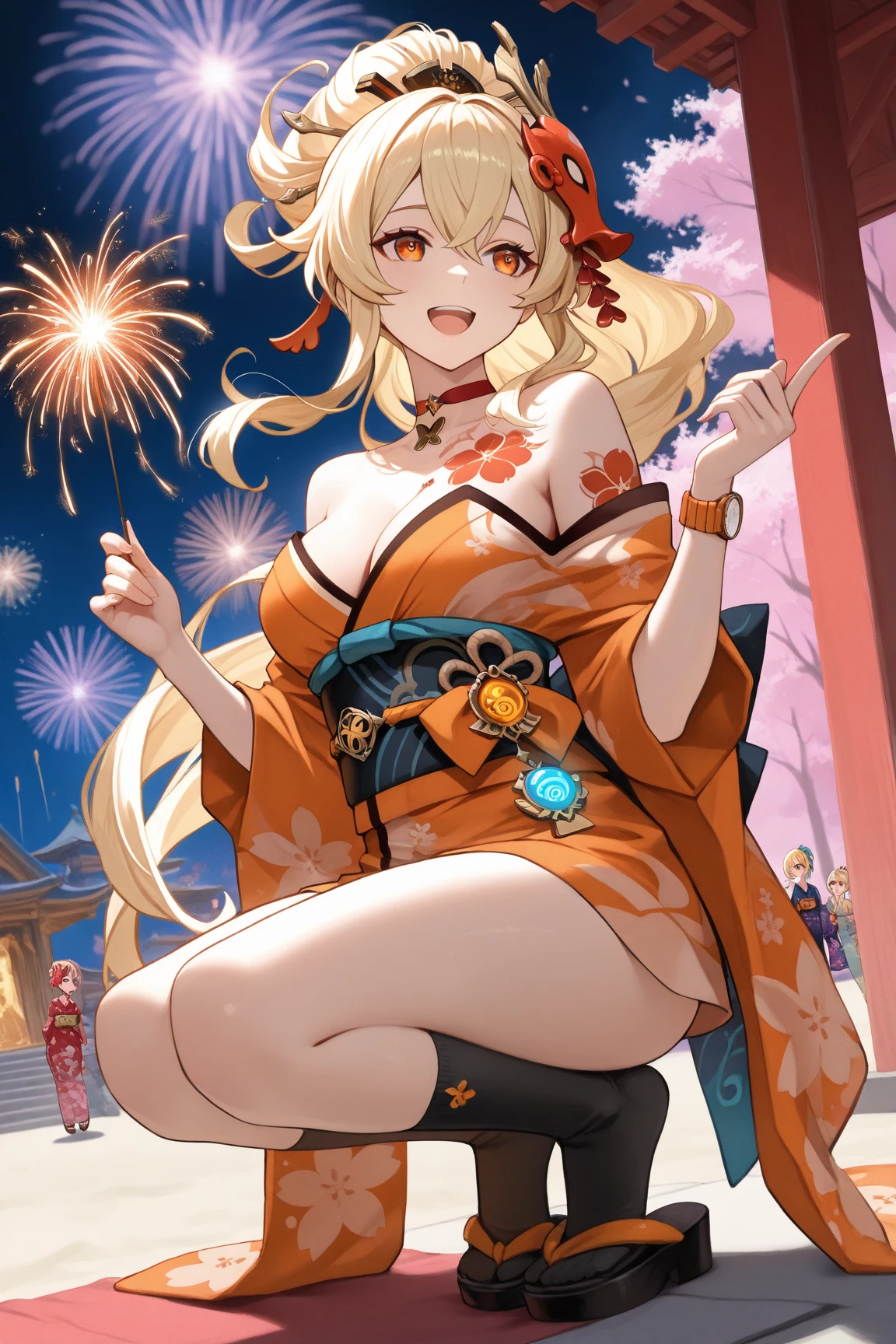 Masterpiece, Best quality, A high resolution, 1girll, Blonde hair, Medium hair, Asymmetrical hair, Floating hair, hair between eye, High ponytail, side locks, hair adornments, fish hair ornament, nipple tassels, kanzashi, bangs, Orange eyes, Open mouth, Smile, teeth, Upper teeth only, choker necklace, red necklace, pendant choker, butterfly choker, 鎖骨, tattoo, chest tattoo, flower tattoo, cleavage, Medium breasts, Thighs, Bandages, bandaged leg, Arashi, Budget Arashi, chest sarashi, black sash, hadanugi dousa, houkisei, Japanese clothes, komono, Kinchaku, Obi, Obiage, obijime, orange kimono, pouch, print kimono, Cord, sash, shimenawa, Short kimono, Single bare shoulder, visions (Genshin Impact), east asian architecture, Cherry blossoms, full body, crouched, sparkler, Night, fire works, Handheld fireworks, Legs together, Feet, Single glove, Single fingerless gloves, arms cuffs, Black socks,