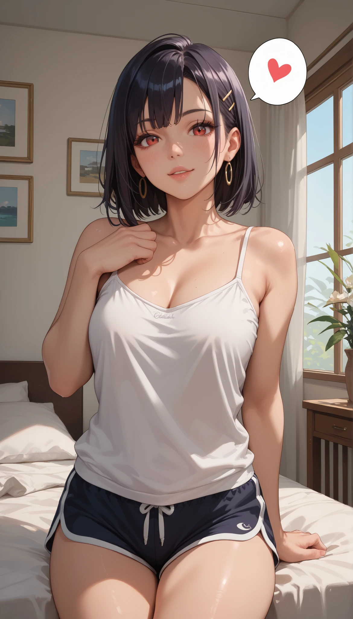 (Hands folded behind your back)、Beautiful breasts、Black Hair、Armpits are visible、Attractive breasts、Beautiful and attractive anime woman, Enchanting anime girl, Top rated on pixiv、Short Bob、Healthy Body、OK、(white)透け透けのsmall下着、Yakuza、(Cover the whole body)tattoo、(All over your arms)Tattoo、I can see your underwear、Shaving、Slippery、big round earrings、Iris、beautiful girl、、Provocative、Underwear is biting into、The setting sun is shining through the window、Stay in the house、Quiet、Inconspicuous、Nipples、(small)Chain Necklace、bedroom