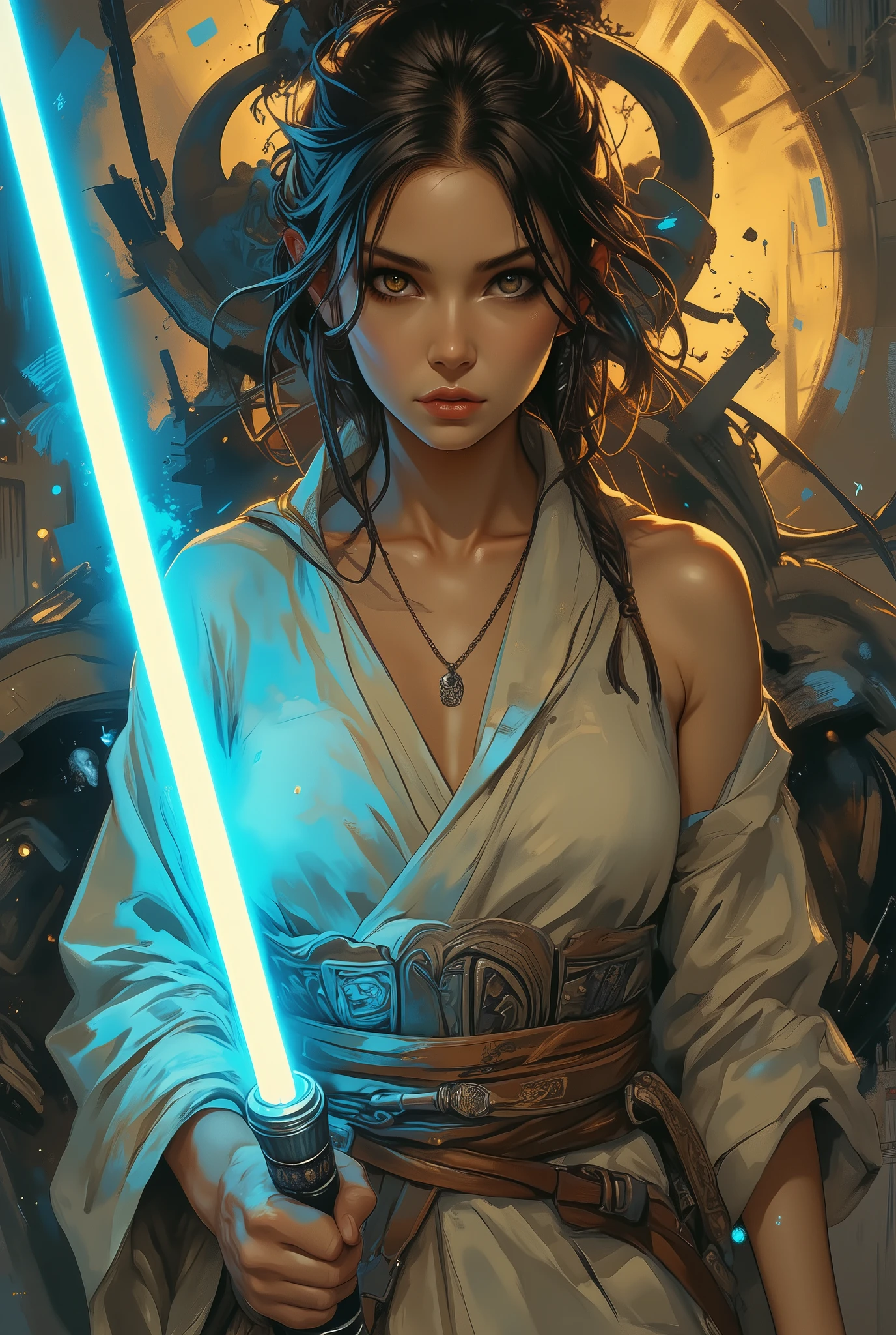 Score_9, score_8_up, score_7_up, ((highest quality)), ((masterpiece)), (be familiar with), Perfect Face, (High definition), (Best Shadow), 8k, cinematic. Comic sex art, Luis Royo's style, A striking scene with a stunning naked woman posing confidently in a dramatic setting. Her outfit consists of a revealing beige Jedi-style robe, with a detailed leather belt featuring intricate designs. She is holding a glowing blue lightsaber, illuminating the surroundings with a warm light. A pendant hangs around her neck, complementing the overall theme. The backdrop is a dimly lit, mysterious environment with abstract structures and dim lighting that adds intrigue. The lighting casts soft shadows, creating a captivating and intense atmosphere.