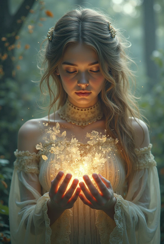 photo of beautiful 26 y.o woman, 4k uhd, high quality, dramatic, cinematic, (long flowy (ombre hair:1.2)), (freckles:1.2), imaginary floral patterns, swarms, misty of fragrance, noticeable, the bird seed in her hands, growing into birds, giants shelter her body, intricate ornate structure, radiating, the night sky, deep dark shadows, hide new seasons, the woman is aware and watching us