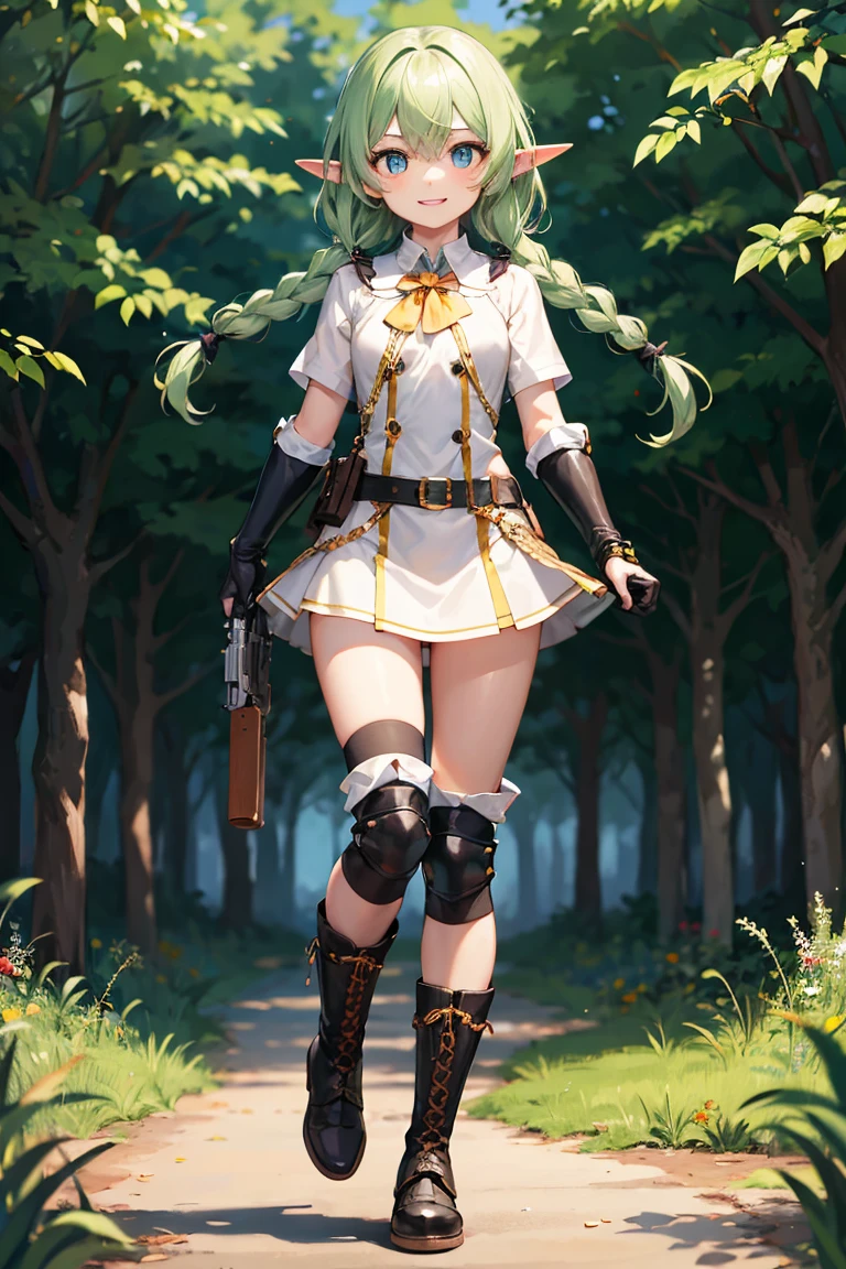 perfect anatomy, masterpiece:1.4, best quality, 8k, beautiful detailed grow, ((in the Cedar Forest)), (woodcutter style) (both hands holding big Steel Axe gripping big steel axe in both hands) (solo Ponytail green hair long hair cute girl, 15 yo, cute yellow eyes, good smile), break, ((Slamming an steel big axe)) ((hit effect)), Fallen cedar.