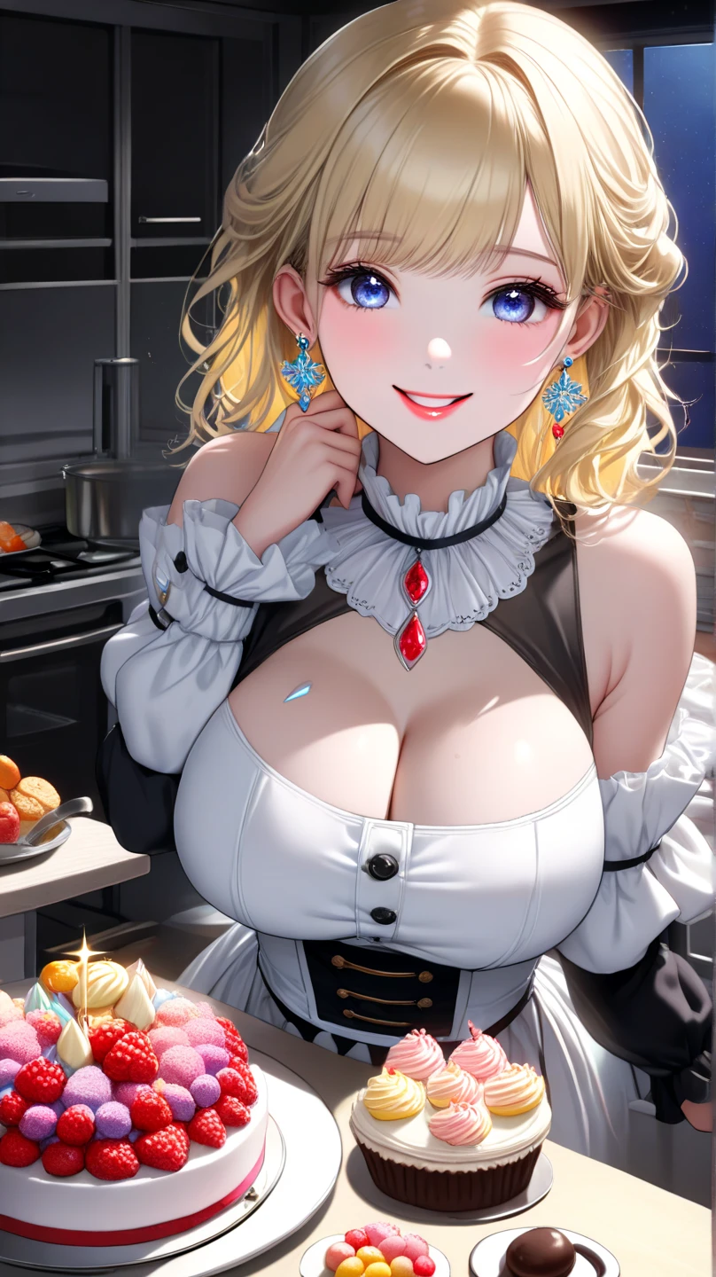 (dynamic angle:1.3, from front:1.1, breast focus:1.3, from above:1.2), (dynamic posing:1.5, sexy posing:1.3, leaning forward), (seductive smiling:1.3),masterpiece, 1girl, pointed chest:1.3,(double breasted:1.2,under bust:1.2), Amazing Cleavage:1.3, thin waist, big ass, Raised sexy, small breast: 1.2 posed cleavage:1.1, looking at viewer, open mouth, platina bronde hair, blue eyes, bare shoulders, collarbone, sidelocks, hairband, sapphire earrings, indoors, red off shoulder sweater dress, arms behind back, short hair with long locks, blue gold hairband, big side hair, very long side hair is rendered in (masterpiece: 1.2, best quality), with (ultra high resolution) and an exquisite (depth of field). This masterpiece is not only visually stunning but also tells,A scene of cooking in the kitchen