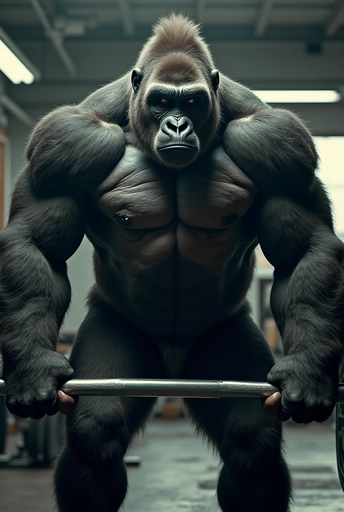 a muscular gorilla holding gym weights, angry face, front view, realistic style, half body framing