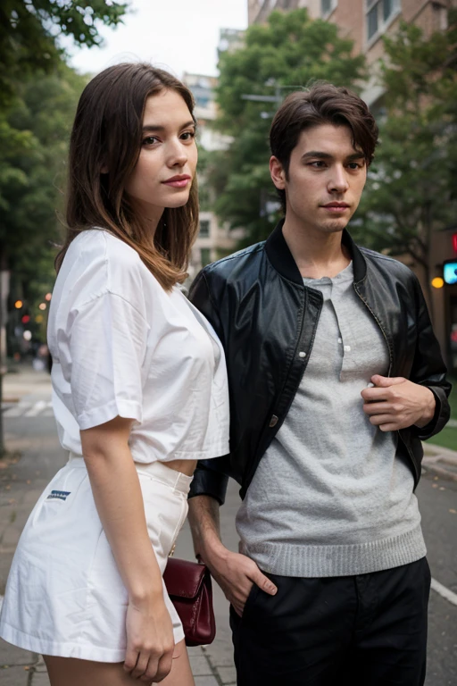 A couple holding hands, the dark girl and the white boy.