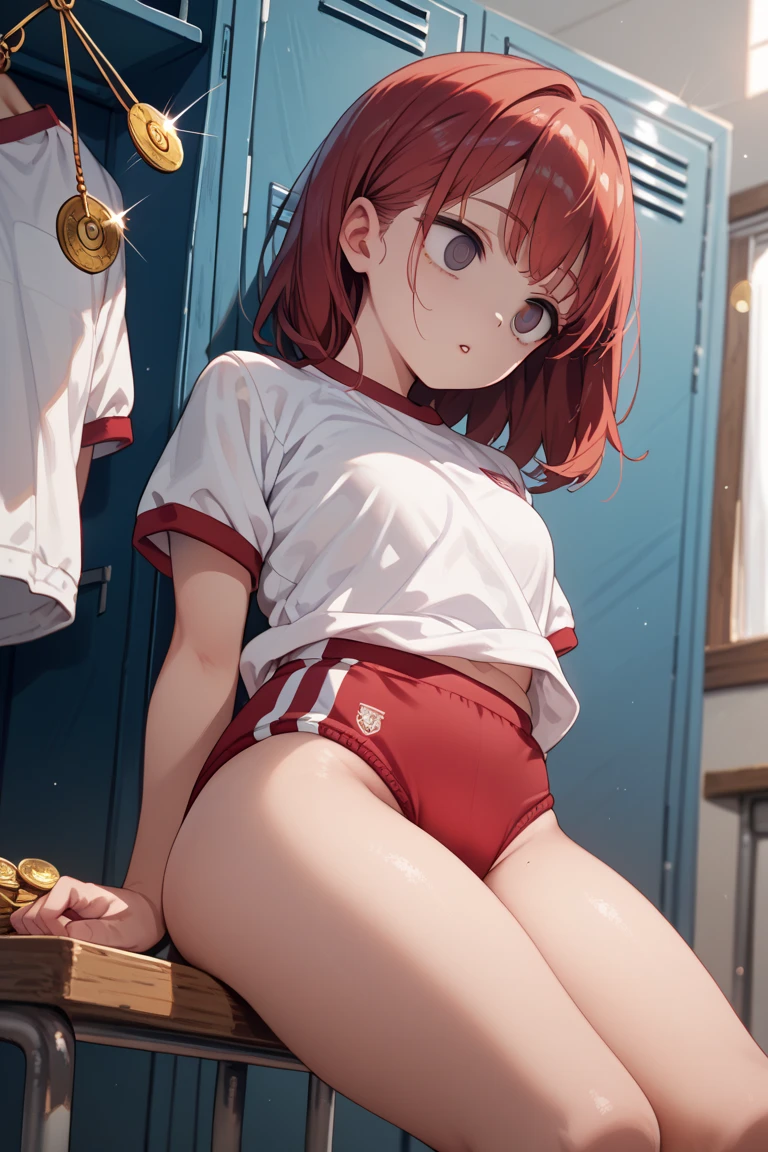 masterpiece, super fine illustration, best quality, light particles, ultra-detailed, 8K wallpaper, (bright colors:1.2), a girl, small breasts, (brown short hair, ponytail), shiny hair, shiny skin, oily skin, nipples, ((white gym uniform, short sleeve, high-cut red bloomers)), (lift up:1.3), (nipple, navel), (beautiful brown eyes, shiny eyes, orgasm face), (blush), arched back, ((hands down)), (man), (vaginal penis:1.2), hetero, (girl sit astride on man:1.2), (girl on top), man in below, (intense Sex:1.6), (cum out), (indoor, locker room), sunset, nsfw, (pov),