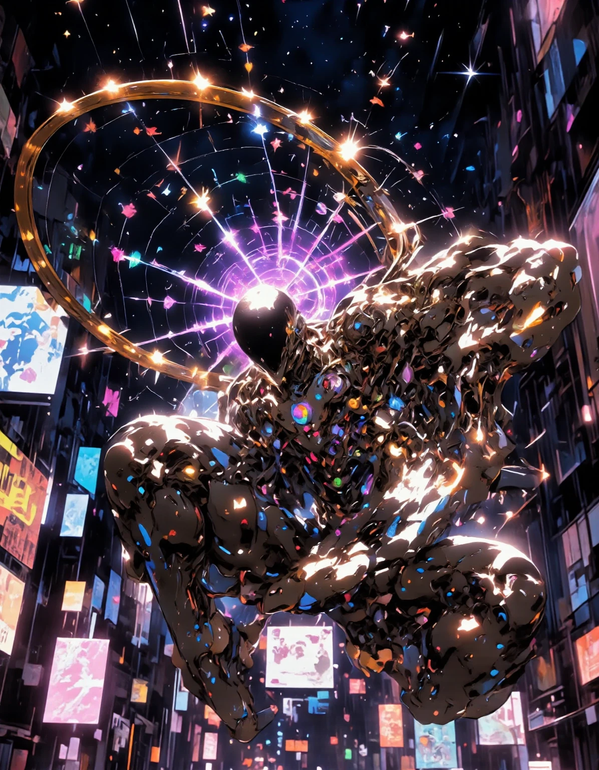 (Highest quality:1.2),One man,alone,Are standing_Split,whole body, Photo of a Japanese man in his 20s made of shiny white and silver translucent glass and plastic,Muscular and shirtless, Silver metal interior, Dynamic pose, Flow organic structure, A sparkling golden circuit, colorful Neon decoration, Ball of Light, Illumination, Illumination circuit, Neon decoration, Depth of Field Focus F/2.8, H&#39;art.right. liver, Greg rightutowski