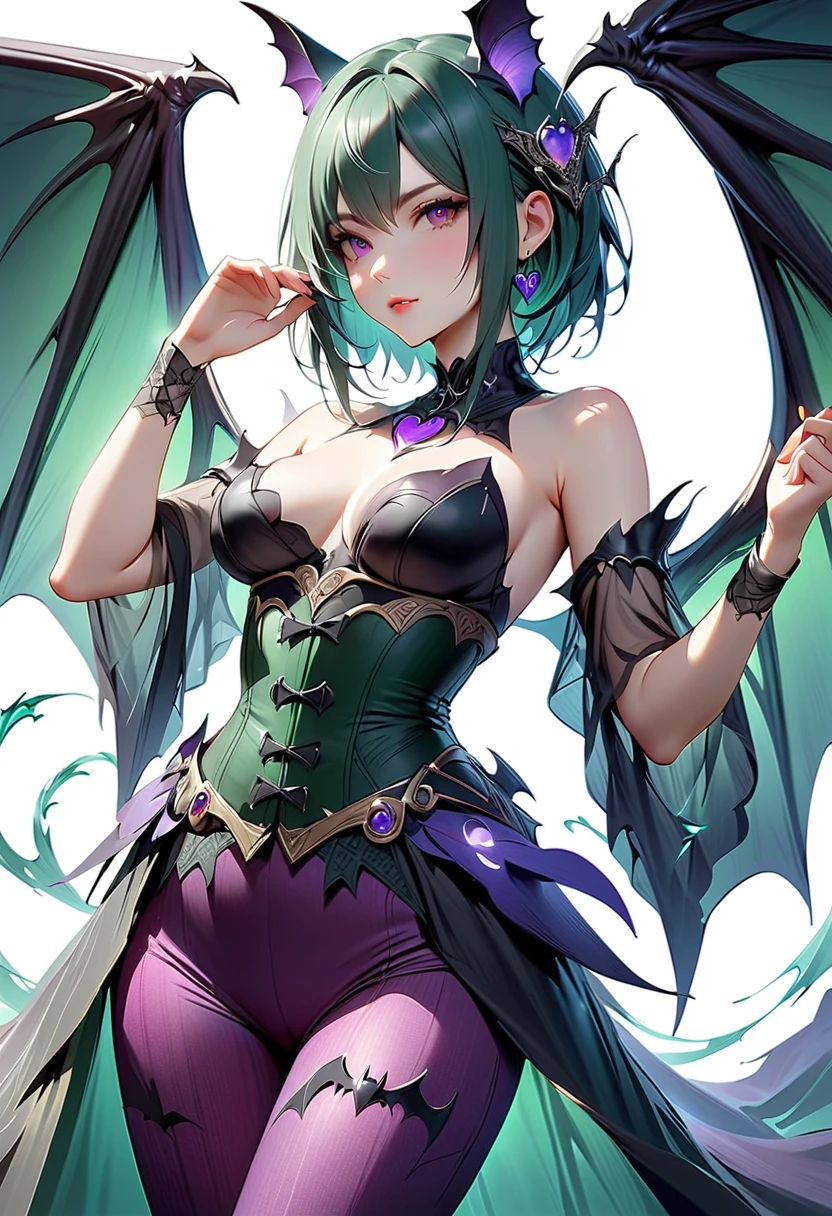 Seductive, ((Black leather)), (((((Succubus))))), Slightly happy, Short hair, (((white hair))), ((white hair with ((blue tips)))), blue dye, ((((((green eyes)))))), ((small breasts)), best quality, high-res, masterpiece, (((mature, woman))), solo, 1 girl