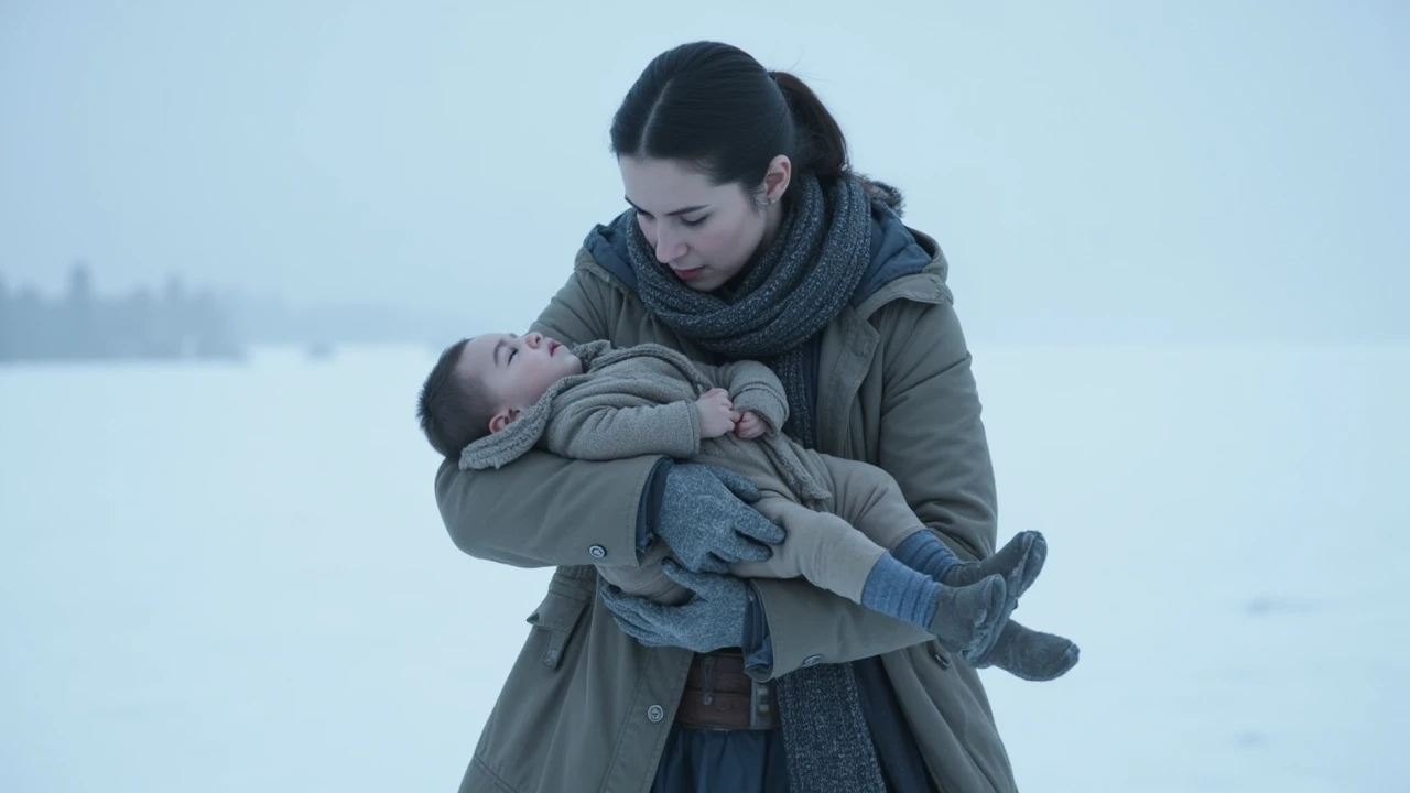 Savita steps closer to the child and gently calls out to him, her voice echoing slightly in the cold air.