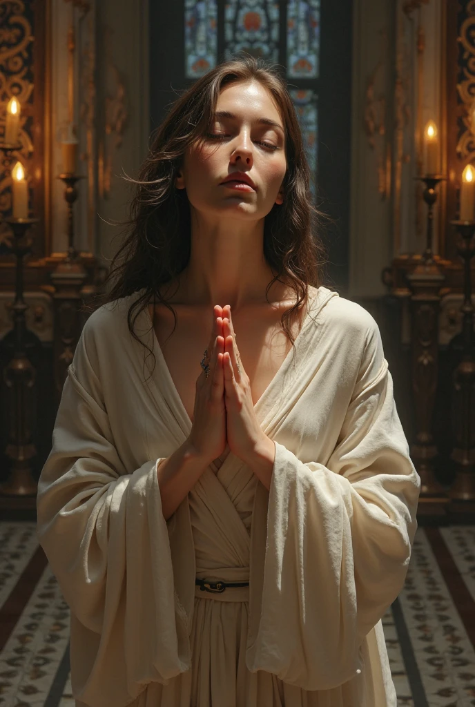 realistic image 32 year old woman worshiping Jehovah God image 18k