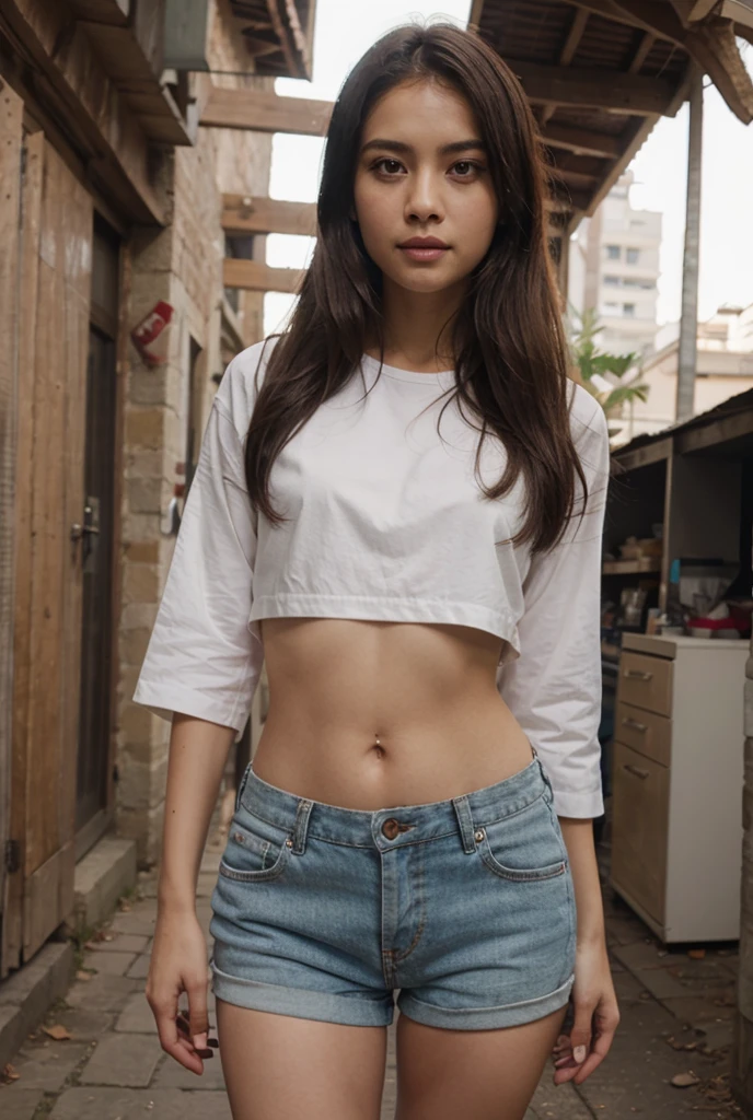 very poor skinny girl cute lot of trash in background
