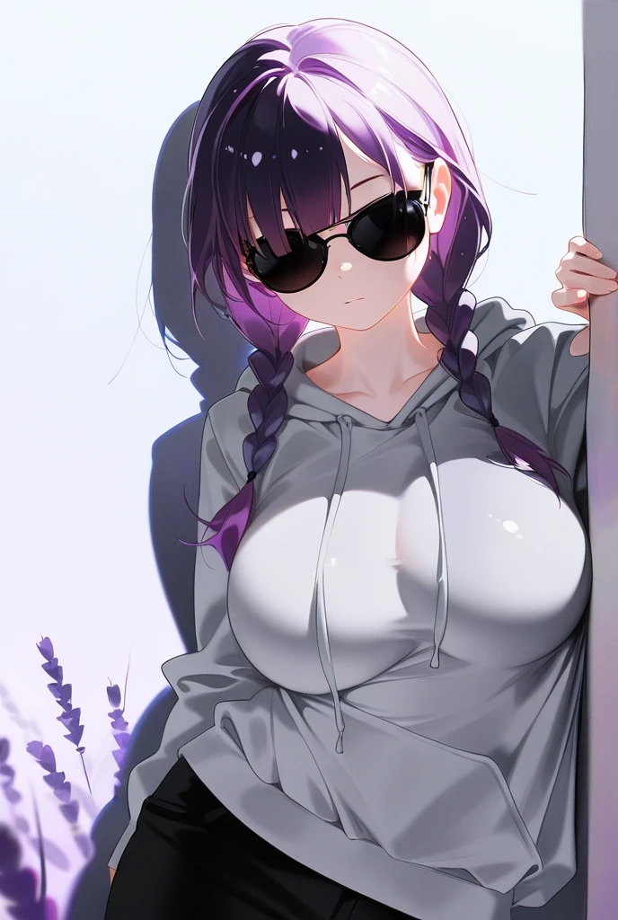 Wolf Woman, Big Breasts, Voluminous purple ponytail, masterpiece , Red eyes、Double teeth、tooth、Blushed cheeks、 hd, Head to Chest, buried in my chest、Underbust、Cleavage、hoodie、Shorts、Sweat in the valley