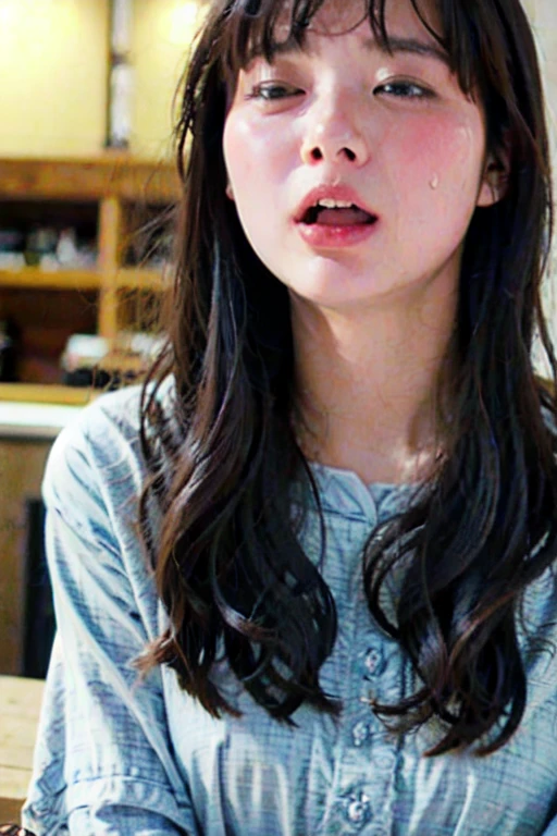 beautiful asian girl face, portrait, long brown hair, mouth open, eyes closed, scared, shocked, in pain, nervous, sad, angry