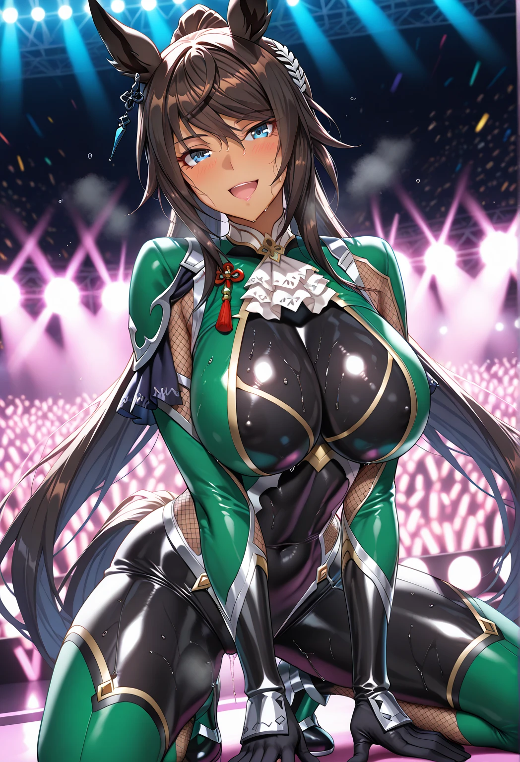 Ultra-high resolution, 1 Girl, 18-year-old, (Idol:1.4), (Famous actress :1.4), (Beautifully detailed face:1), bangs, (Multicolored floating hair), Dentate-like changes in the skin, light makeup, (Beautiful big boobs:1.3), (Glowing Skin:1.1), Shiny skin, Long limbs, slim, Hanging chest:1.3, Tight waist, Medium Hips, Thin legs, slim太もも, Dynamic Lighting, Sexually suggestive face, Shiny texture, lipstick, V-shaped eyebrows, V-line chin, View your viewers, (Long Hair:1.3), (Perfect Face:1.4), ((Strong winds)), Flowing Hair, audience, (A shy smile:1.3), blue sky, (((Monte Carlo Street Circuit))), (((Racing Car))), (((Racing Bike))), ((Promotional Girl:1.3)), ((Grid Girls:1)), Pink Lip, light makeup, (The promotional costumes, which are carefully crafted down to the last detail,:1.10), Lace-up boots, Short sleeve, Cropped tops, ((Short jacket:1)), (Tube top bra:1), Knee-length, (((たくさんのロゴが入ったナイロンShort sleeveジャケット))), (Logo glitter long nylon pleated skirt), Small Ass, ((Promotional wear with logo:1.3)), (((Shiny silver and metallic gold glitter promotional wear))), Fingerless gloves, Black Hair, Brown Hair, Redhead, blue eyes, (Drops of sweat:1), (Movement angle), walking, audience,