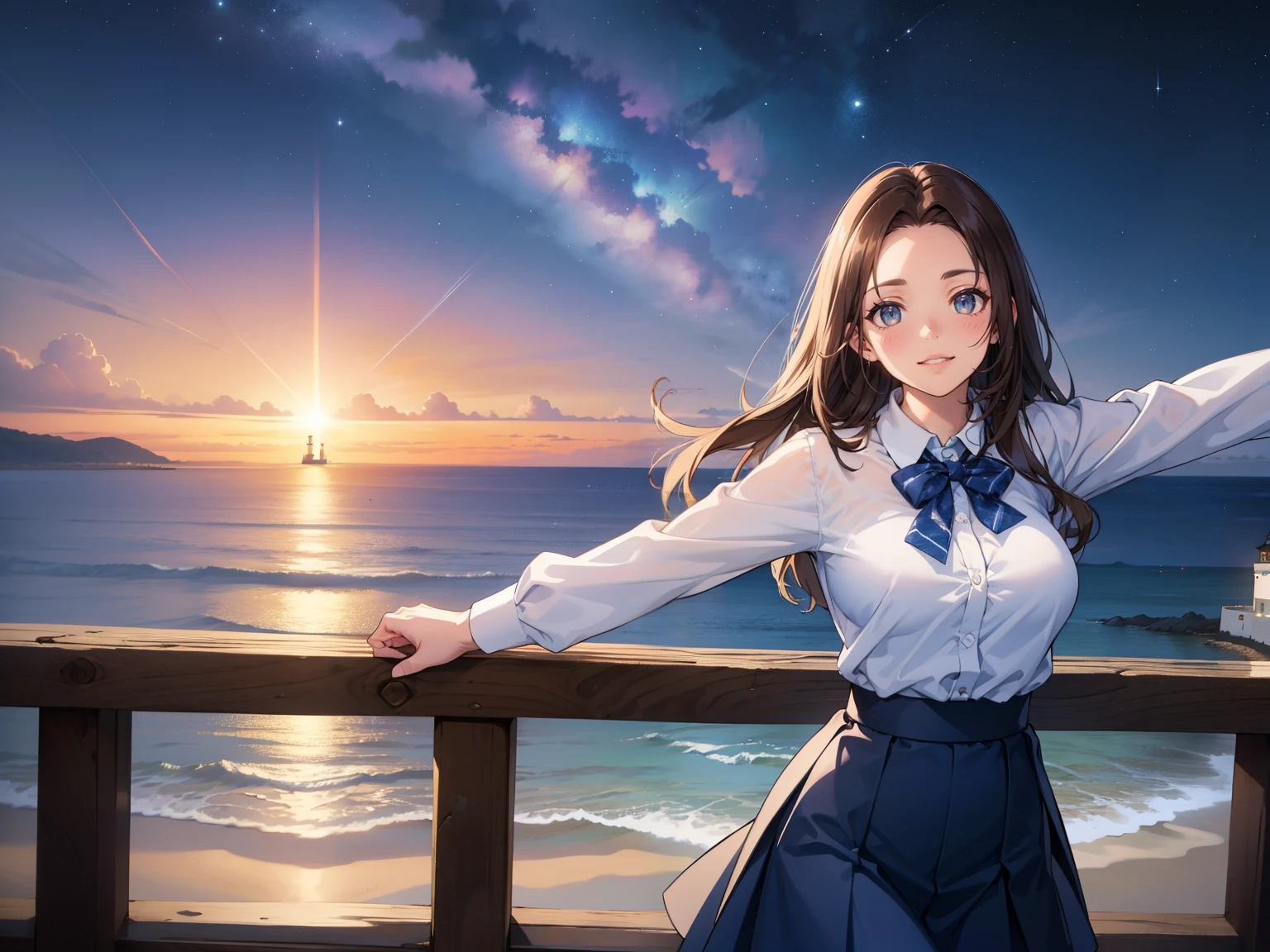 Long-haired girl with brown hair,white blouse,blue skirt,stand and spread your arms,big smiles,high definition,,4K,HDR,physical based rendering,Extremely detailed,Professional,Vivid Colors,brown eyes,Big Breasts,tall,has a forehead,mature expression,grace,beach with a view of an outdoor lighthouse,Starry morning glow