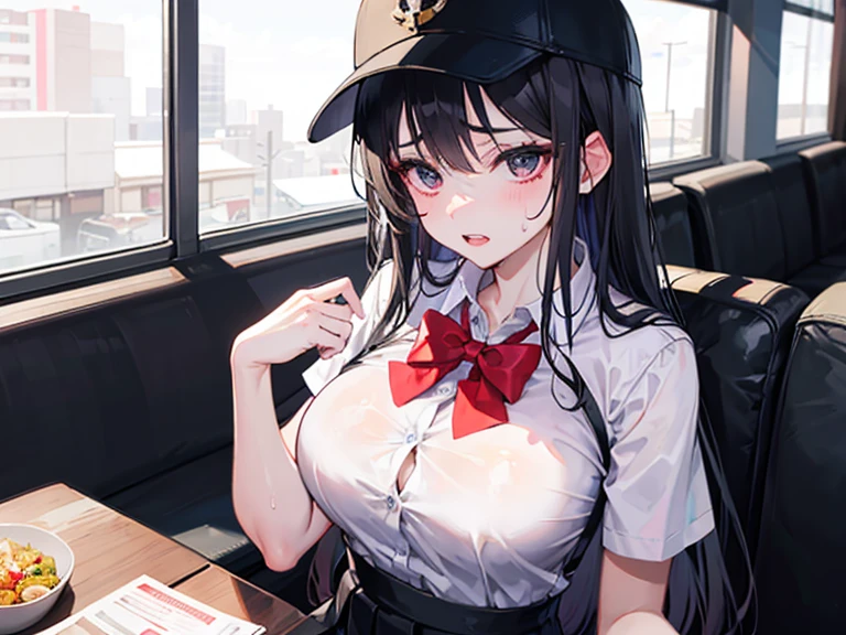 bikini, military cap, long black hair, breast, crying face, blushing, sad face, adult