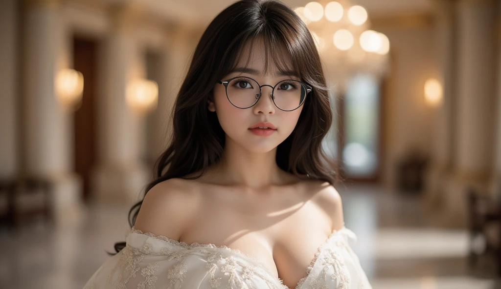 (Highest quality, masterpiece), One girl, Speckled sunlight, indoor, Glasses, shy, 1 Girl, Young girl, (It gives me goosebumps:0.7), Beautiful Face, (eyeliner, lipstick:0.9), 4K, 8k, 超High resolution, High resolution, detailed background, background,Big Breasts,