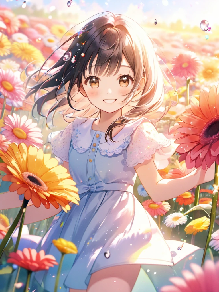 Girl rejoicing surrounded by cosmos fields、FULL BODYSHOT