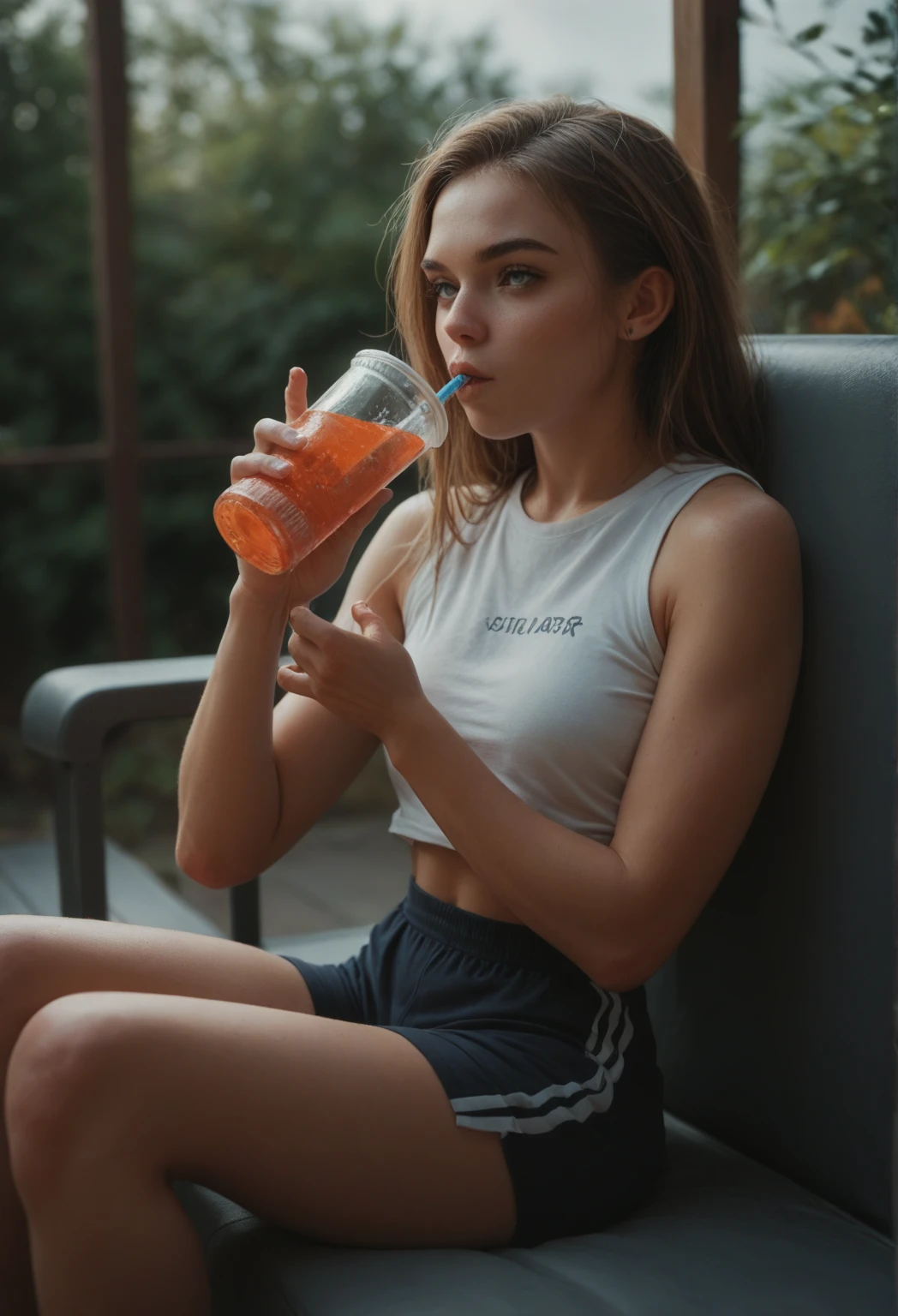 masterpiece, sunlight, Teen girl, skinny, pale skin, small breast, hot outside, strapless tank top, yoga shorts, Eating popsicle