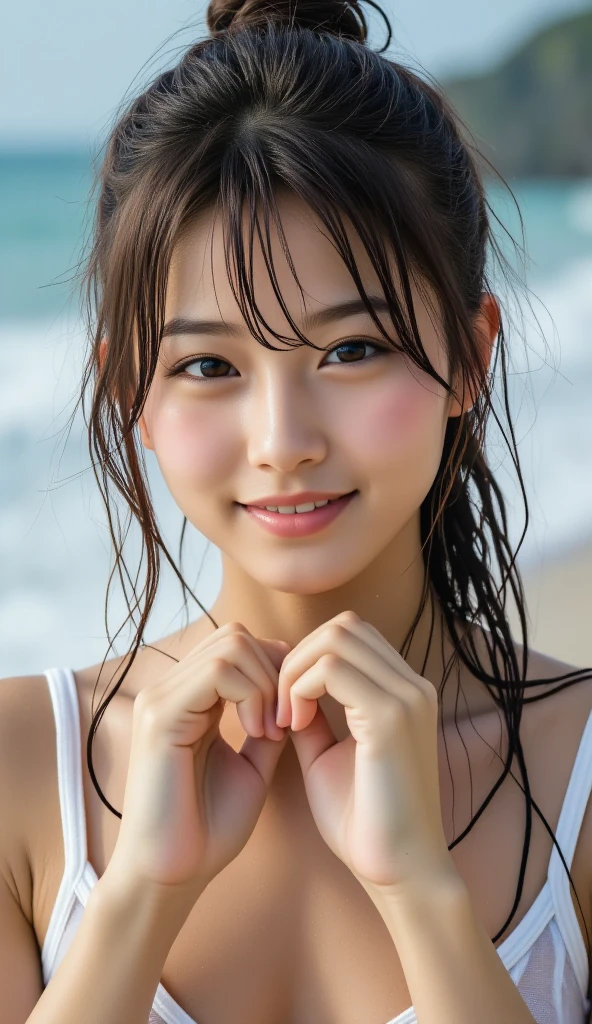 (Vibrant, High resolution:1.3), 1. Have a perfect body,height170CM,Slender body、Large breasts Highly detailed face and eyes,Long Hair,,Beach、(( smile )) Wet、white cropped T-shirt 、Thong,,,Brown Skin、Have sunburn marks、I'm sweating a lot、、Full body shot、Kneeling、Sexy pose),