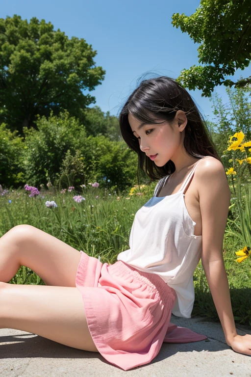 ,(photo Realistic:1.4), (hyper Realistic:1.4), (Realistic:1.3), best quality, beautiful asian,middle ages,19 years old,slender,in the forest,from above,Detailed skin texture,Sleeveless,feet,Dirty Skin,Spread your legs,looking up,