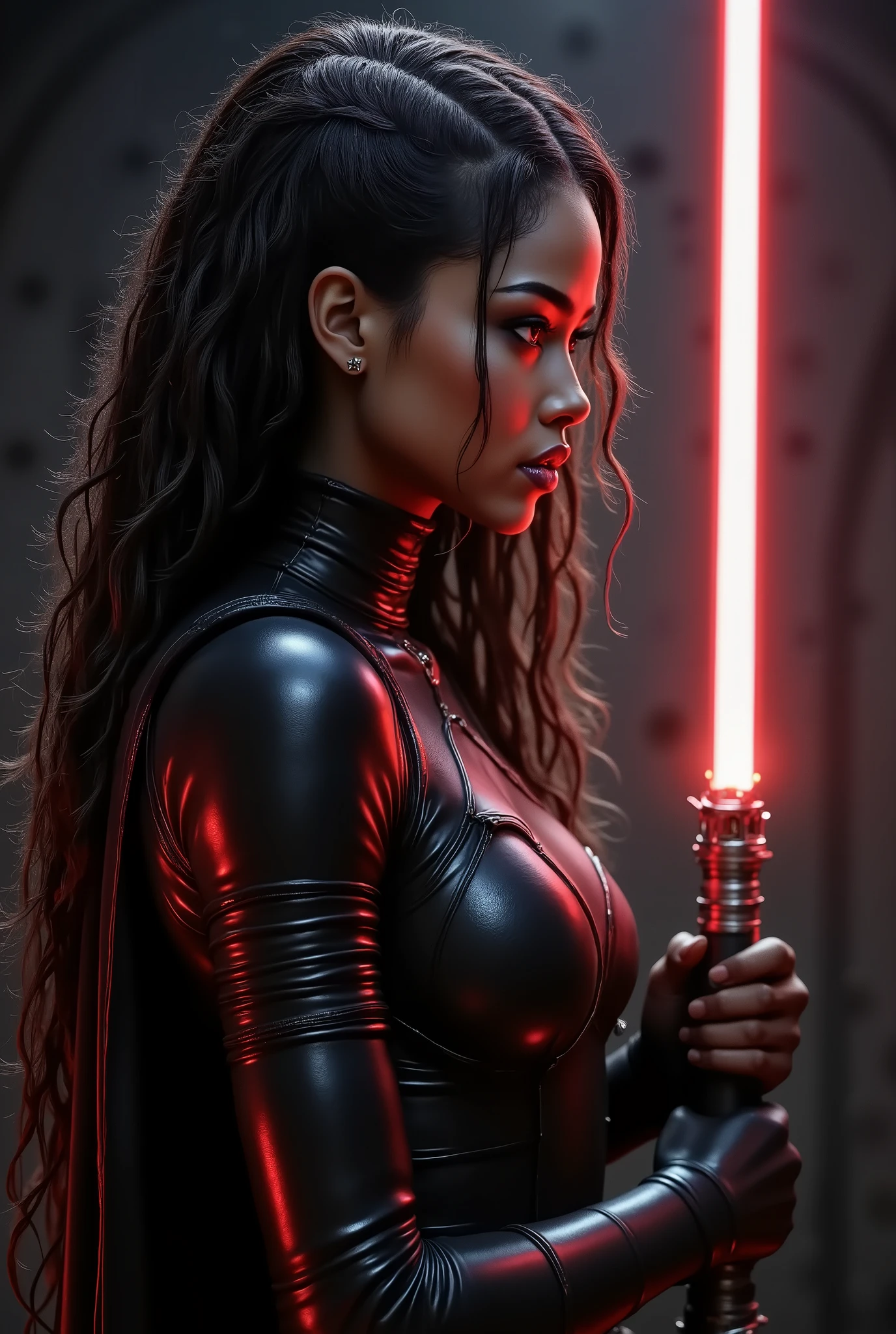 side profile image, full body shot, female warrior, sith lord, star wars, red lightsaber, intricate details,beautiful detailed eyes, beautiful detailed lips, extremely detailed face, dreadlocks, long eyelashes, evil look, diabolic, dramatic lighting, dark fantasy, chiaroscuro, cinematic composition, dramatic pose, dynamic action, moody atmosphere, deep shadows, vibrant colors, photorealistic, 8k, masterpiece