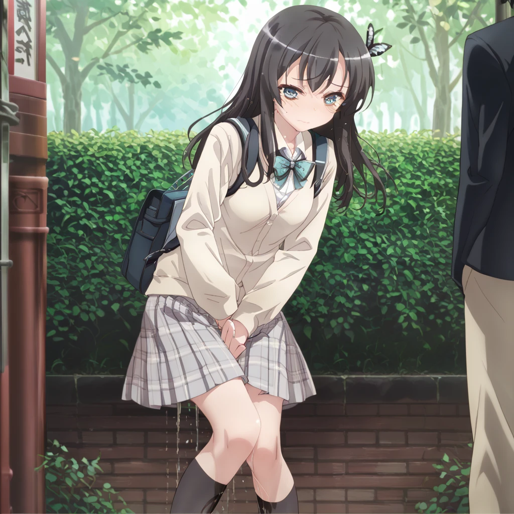 masterpiece, highest quality, Absurd, Perfect Anatomy, Beautiful background, Beautiful Face, Beautiful Eyes, Beautiful body, girl,from the front、Portraiture、 Twin tails、ribbon、Brown Hair,blush、High School Girl Blazer、Sitting on the steps of the station、Grey pencil skirt、Lace panties、loose socks、sneakers