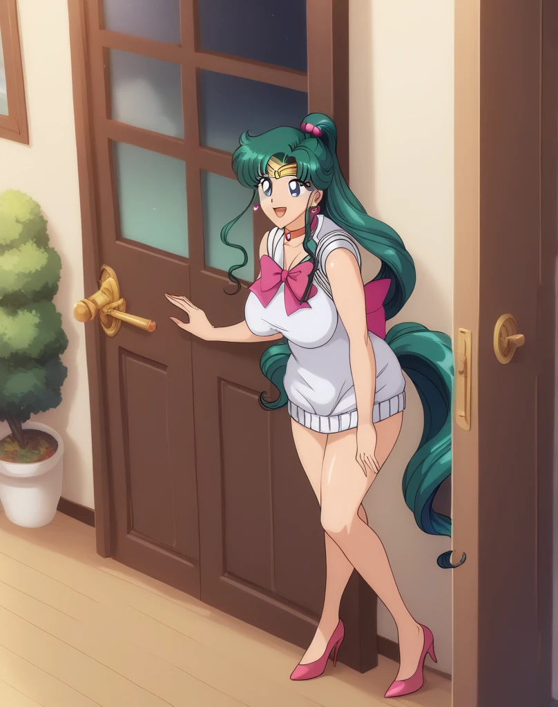 NSFW, masterpiece, (best quality: 1.2), long hair, blue eyes, green hair, big breasts, evil_smile, sexy, ((BUNNY)), red lipstick, fishnet stocking, ((seducing a boy)), ((woman exposing her ass to boy, boy feeling woman's ass))