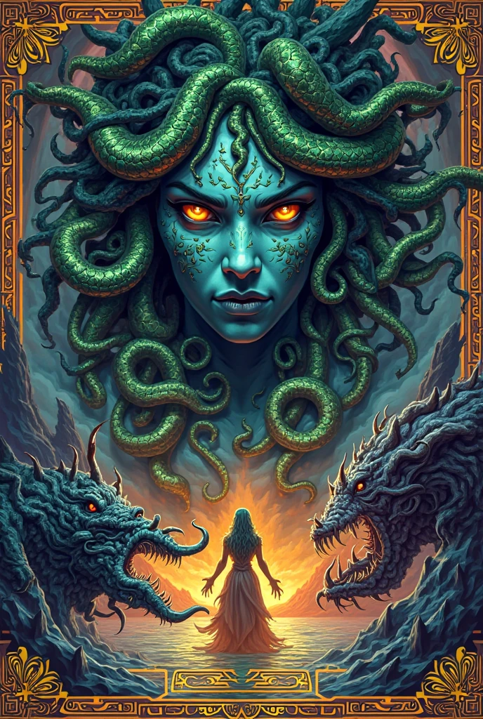 line drawing, showcasing medusa crown of snakes, snake crown, Stone Subjects: Statues of warriors turned to stone by Medusa’s gaze, bowing before her. expressive cross hatch animated 90s style ink figures, unfinished sketch,
