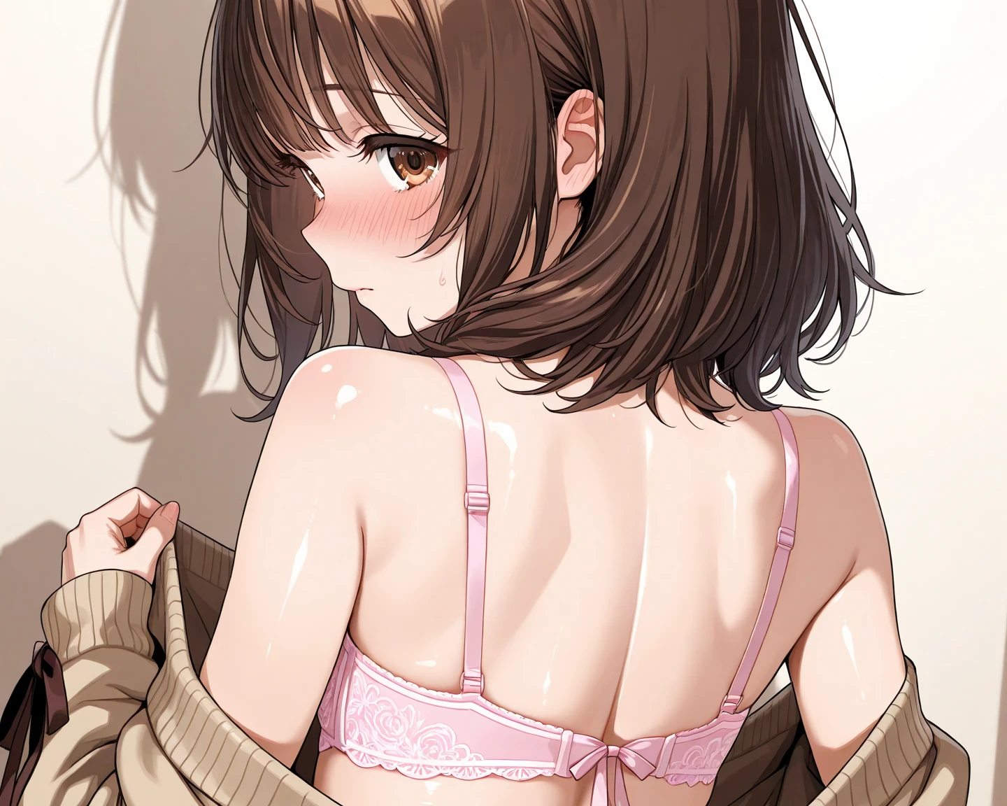 masterpiece, best quality, 1girl, idcsmiu, black shirt, brown skirt, medium breasts, upper body, (shirt lift, lifted by self, black bra), (empty eyes, expressionless:1.2), brown eyes, jewelry, earrings, (street:1.2)