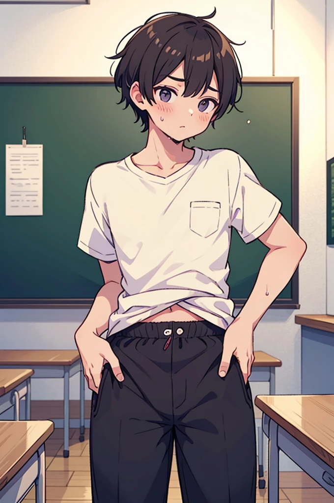 (8k,High quality),(at classroom:1.3), Buruma,gym uniform,Belly button,((Solo,A boy)),(embarrassed and blush,disappointed,constricted pupils:1.2,scared:1.3,tears), (Patience:1.6),show teeth,flat chest,Short black Hair,lowrise bottom,fullbody