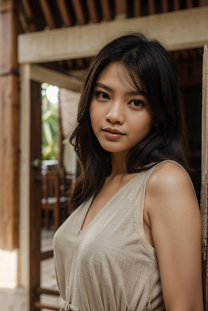 Beautiful indonesian 24th girl face portrait. long black hair. Looking at viewer, brown eyes, selfie photo