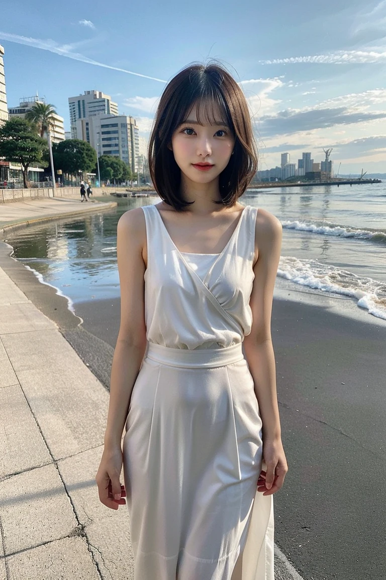 (1 girl:1.2)、Photos of cute 18 year old Japanese girls、(whole body:1.4),Bob Hair、Droopy eyes、Tear bags、single eyelid、Tank top、mile、beach
